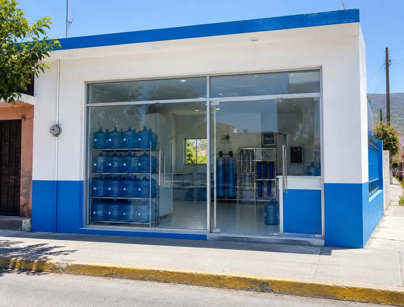 Fachada blanca y azul de una purificadora con garrafones en el aparador