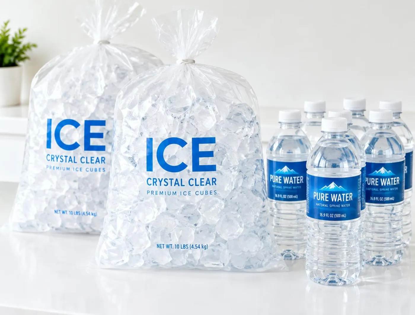 Botellas de agua y bolsas de hielo sobre una mesa