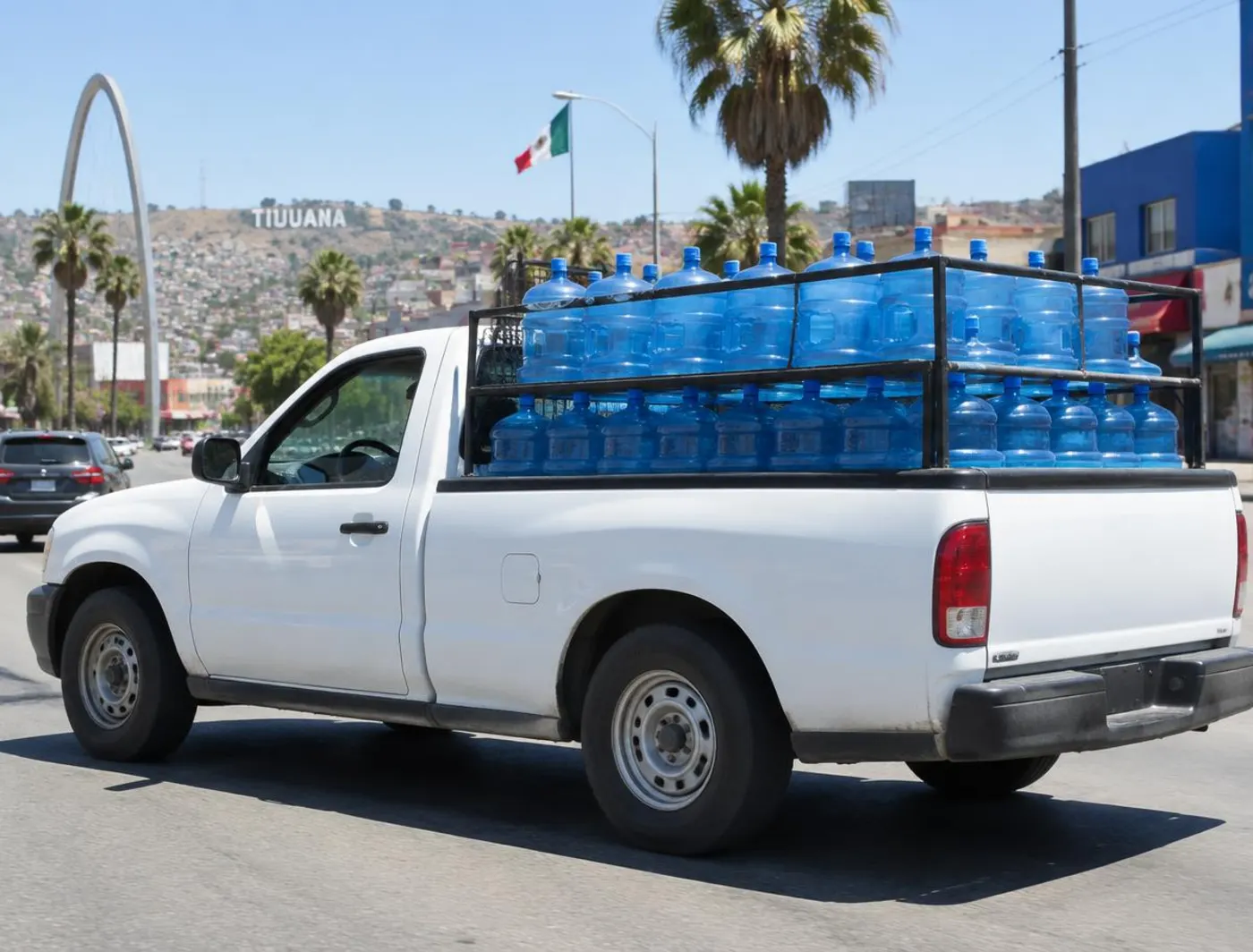 Camioneta de reparto cargada con garrafones azules en una calle de Tijuana
